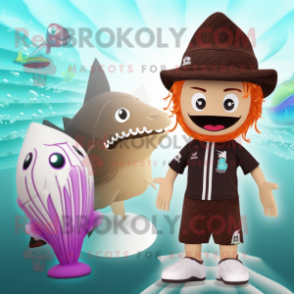Brown Mermaid mascot costume character dressed with a Swimwear and Hats