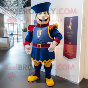 Navy Swiss Guard mascot costume character dressed with a Shorts and Pocket squares