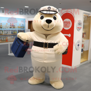 Cream Seal mascot costume character dressed with a Bodysuit and Messenger bags