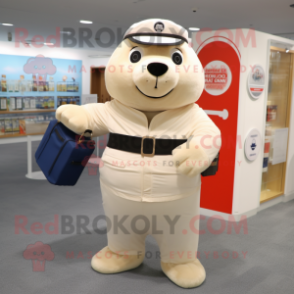 Cream Seal mascot costume character dressed with a Bodysuit and Messenger bags