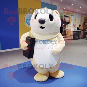 Cream Seal mascot costume character dressed with a Bodysuit and Messenger bags