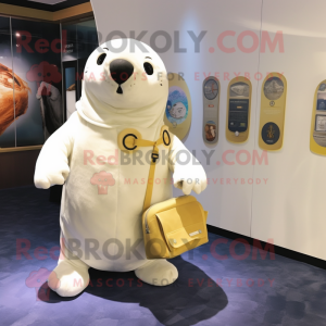 Cream Seal mascot costume character dressed with a Bodysuit and Messenger bags
