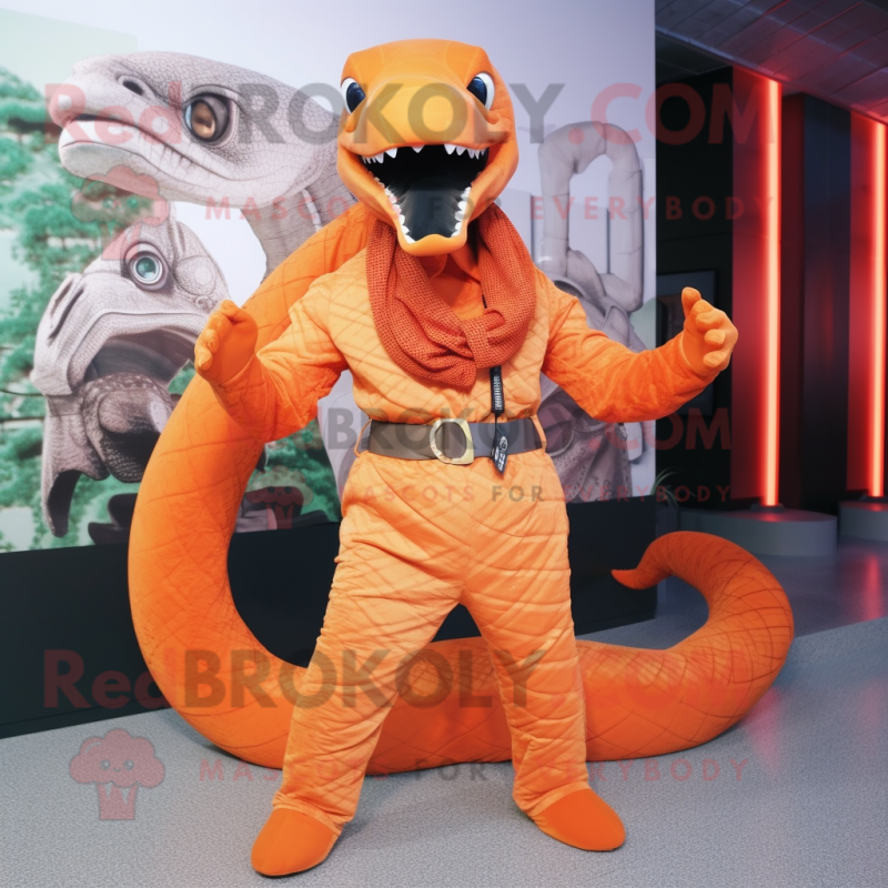 Orange Titanoboa mascot costume character dressed with a Suit Pants and Scarf clips