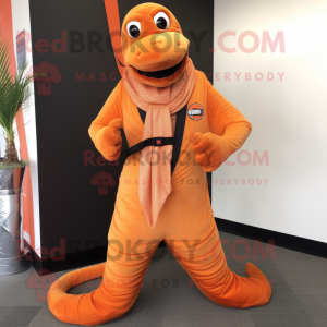 Orange Titanoboa mascot costume character dressed with a Suit Pants and Scarf clips