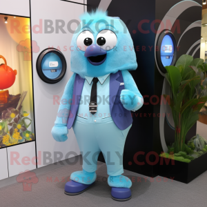 Sky Blue Kiwi mascot costume character dressed with a Suit Pants and Digital watches