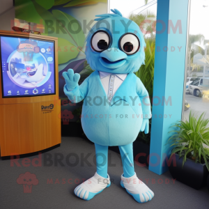 Sky Blue Kiwi mascot costume character dressed with a Suit Pants and Digital watches