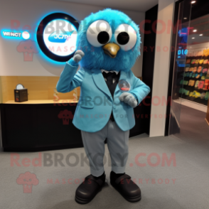 Sky Blue Kiwi mascot costume character dressed with a Suit Pants and Digital watches