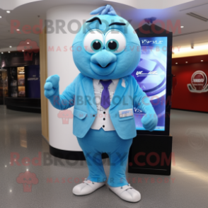 Sky Blue Kiwi mascot costume character dressed with a Suit Pants and Digital watches