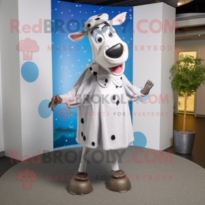 Silver Guernsey Cow mascot costume character dressed with a Circle Skirt and Tie pins