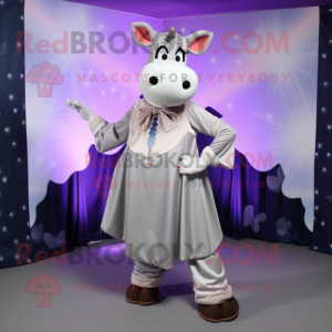 Silver Guernsey Cow mascot costume character dressed with a Circle Skirt and Tie pins