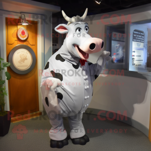 Silver Guernsey Cow mascot costume character dressed with a Circle Skirt and Tie pins