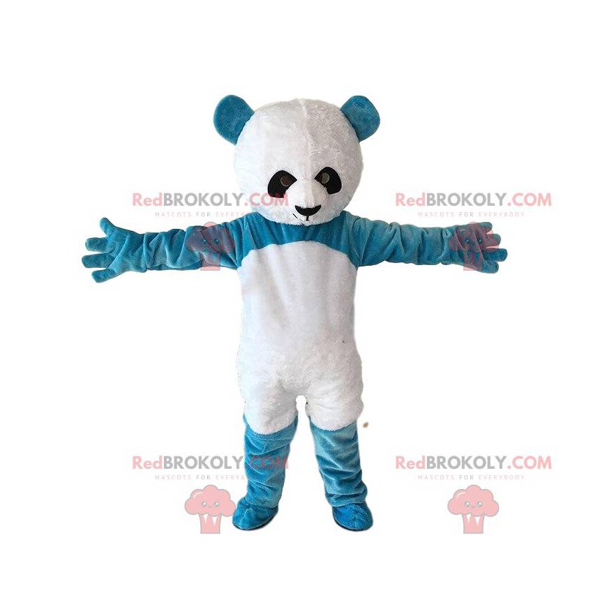 Mascote do ursinho de pelúcia azul e branco, panda azul gigante