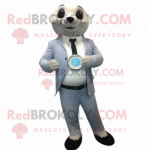 Silver Seal mascot costume character dressed with a Suit Pants and Bracelet watches