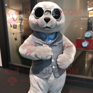 Silver Seal mascot costume character dressed with a Suit Pants and Bracelet watches