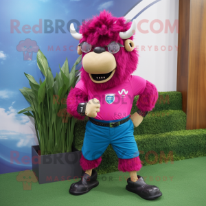 Magenta Buffalo mascot costume character dressed with a Denim Shorts and Bracelet watches