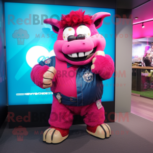 Magenta Buffalo mascot costume character dressed with a Denim Shorts and Bracelet watches