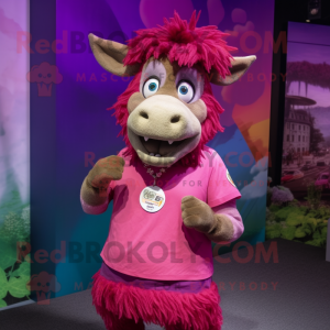 Magenta Buffalo mascot costume character dressed with a Denim Shorts and Bracelet watches