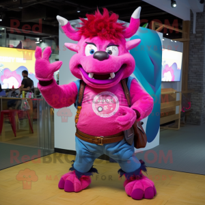 Magenta Buffalo mascot costume character dressed with a Denim Shorts and Bracelet watches