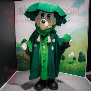Forest Green Shepard'S Pie mascot costume character dressed with a Raincoat and Hat pins