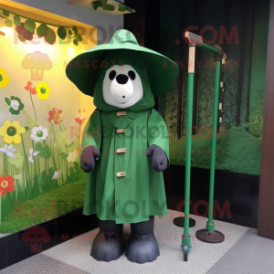 Forest Green Shepard'S Pie mascot costume character dressed with a Raincoat and Hat pins