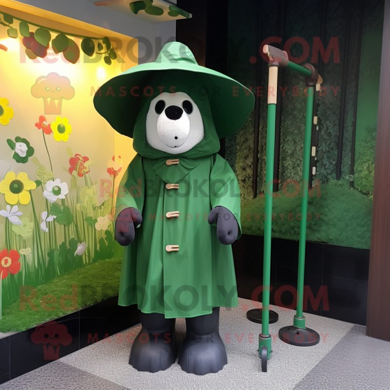 Forest Green Shepard'S Pie mascot costume character dressed with a Raincoat and Hat pins Forest Green Shepard'S Pie mascot costume character dressed with a Raincoat and Hat pins