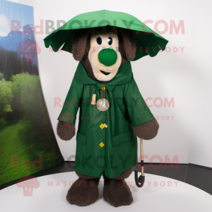 Forest Green Shepard'S Pie mascot costume character dressed with a Raincoat and Hat pins