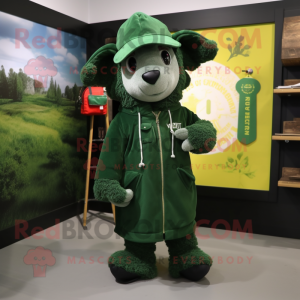 Forest Green Shepard'S Pie mascot costume character dressed with a Raincoat and Hat pins