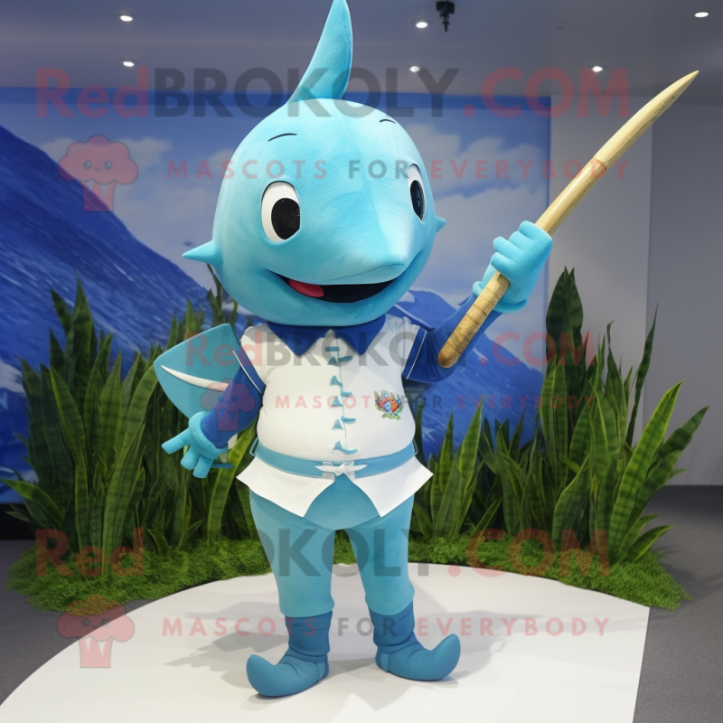 Cyan Swordfish mascot costume character dressed with a Bermuda Shorts and Hairpins