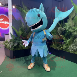 Cyan Swordfish mascot costume character dressed with a Bermuda Shorts and Hairpins