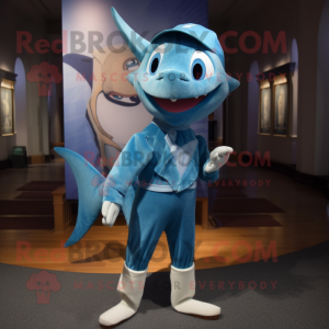 Cyan Swordfish mascot costume character dressed with a Bermuda Shorts and Hairpins