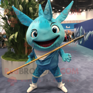 Cyan Swordfish mascot costume character dressed with a Bermuda Shorts and Hairpins