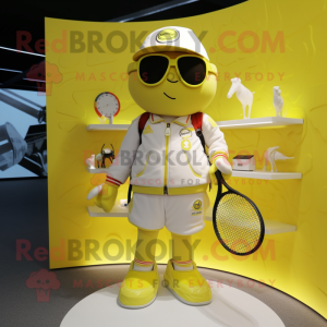 Yellow Tennis Racket mascot costume character dressed with a Bomber Jacket and Handbags