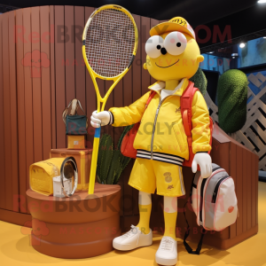 Yellow Tennis Racket mascot costume character dressed with a Bomber Jacket and Handbags