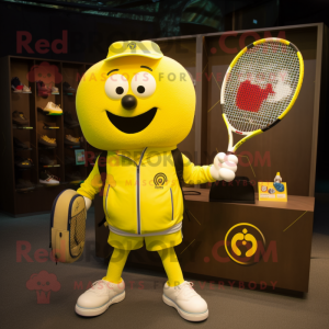 Yellow Tennis Racket mascot costume character dressed with a Bomber Jacket and Handbags