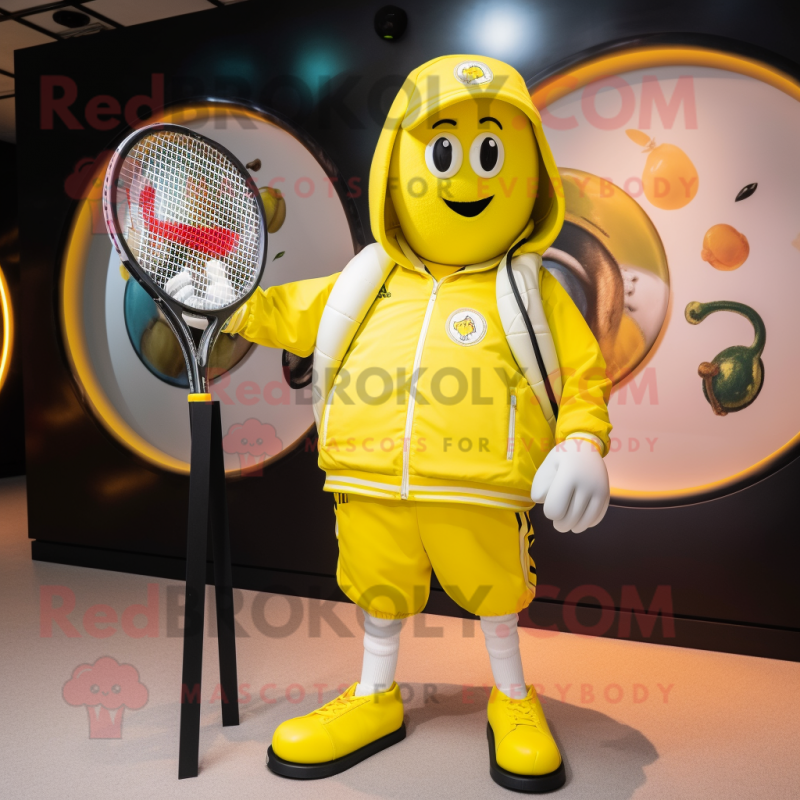 Yellow Tennis Racket mascot costume character dressed with a Bomber Jacket and Handbags Yellow Tennis Racket mascot costume character dressed with a Bomber Jacket and Handbags