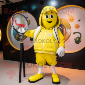 Yellow Tennis Racket mascot costume character dressed with a Bomber Jacket and Handbags