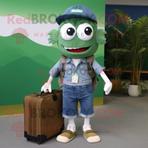 Forest Green Cod mascot costume character dressed with a Denim Shorts and Briefcases