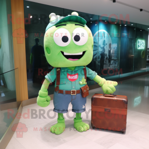 Forest Green Cod mascot costume character dressed with a Denim Shorts and Briefcases