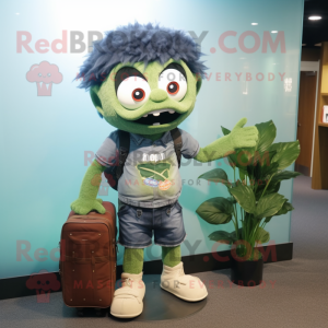 Forest Green Cod mascot costume character dressed with a Denim Shorts and Briefcases