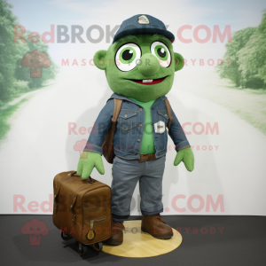 Forest Green Cod mascot costume character dressed with a Denim Shorts and Briefcases