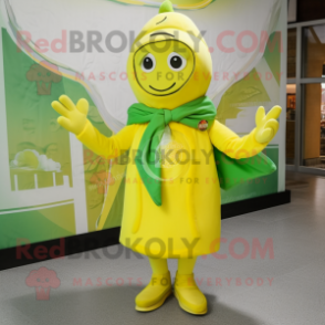 Lemon Yellow Green Beer mascot costume character dressed with a Parka and Bow ties
