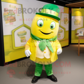 Lemon Yellow Green Beer mascot costume character dressed with a Parka and Bow ties