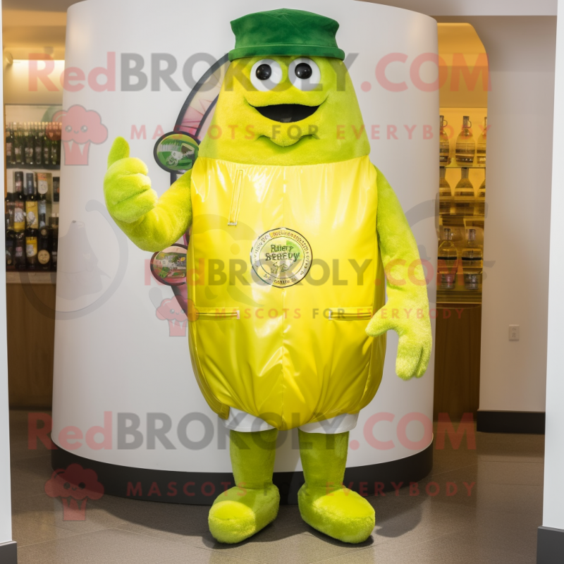 Lemon Yellow Green Beer mascot costume character dressed with a Parka and Bow ties Lemon Yellow Green Beer mascot costume character dressed with a Parka and Bow ties
