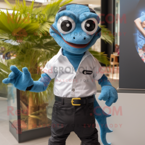 Black Geckos mascot costume character dressed with a Chambray Shirt and Digital watches