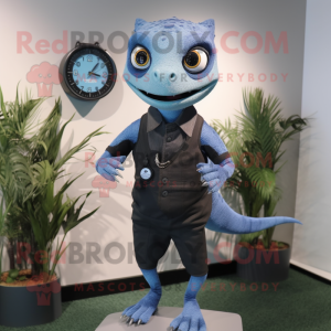 Black Geckos mascot costume character dressed with a Chambray Shirt and Digital watches