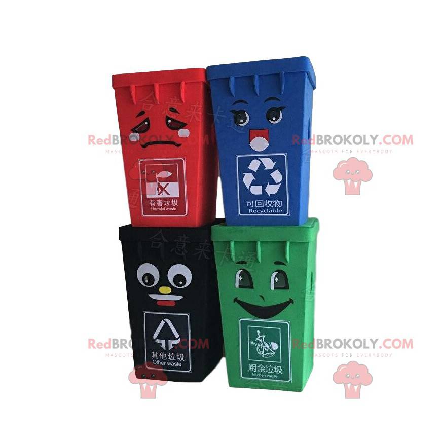 4 mascottes de bennes à ordures, costumes de poubelles -