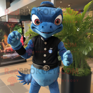 Black Geckos mascot costume character dressed with a Chambray Shirt and Digital watches