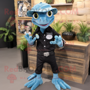 Black Geckos mascot costume character dressed with a Chambray Shirt and Digital watches