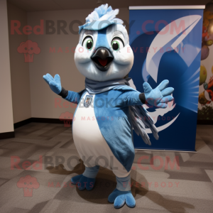 Silver Blue Jay mascot costume character dressed with a Romper and Scarf clips