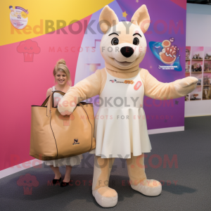 Cream Dingo mascot costume character dressed with a Mini Skirt and Tote bags